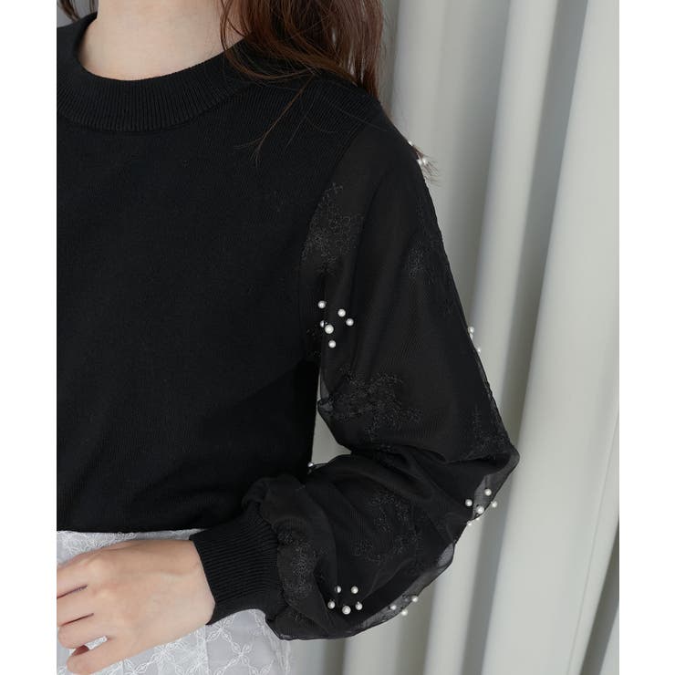 ブラック | パールチュールスリーブニット | MAJESTIC LEGON 