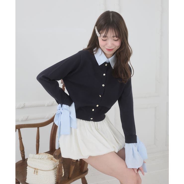 ネイビー | リボンスリーブシャツ襟カーデ | MAJESTIC LEGON 
