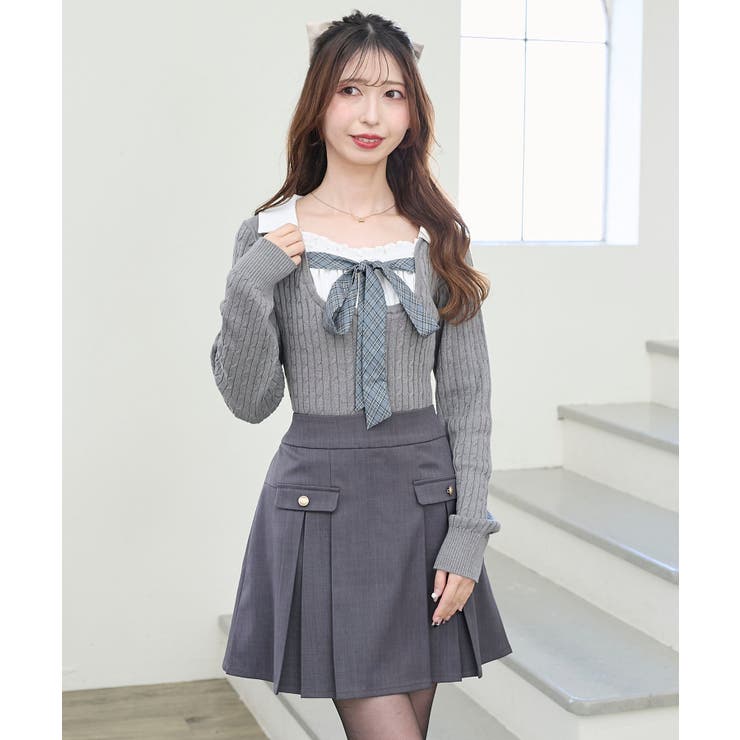 グレー | チェックリボンレイヤードライクニット | MAJESTIC LEGON 