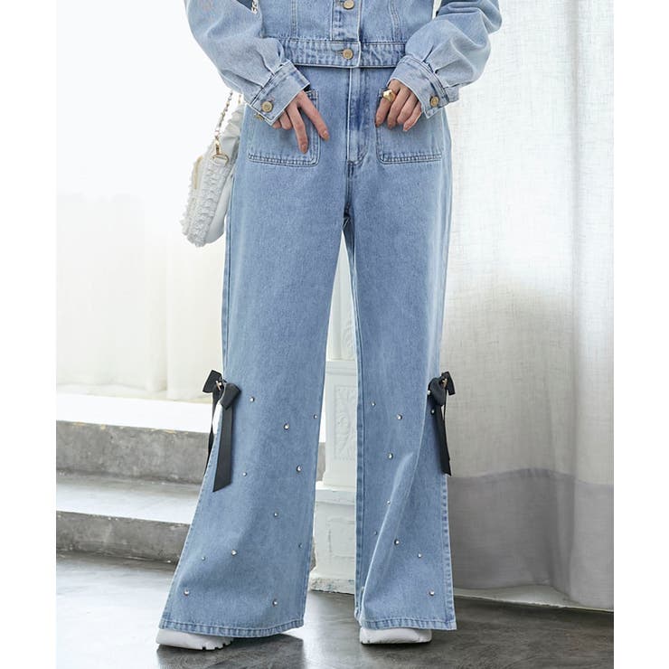 サックス | サイドリボンビジューデニムパンツ | MAJESTIC LEGON 