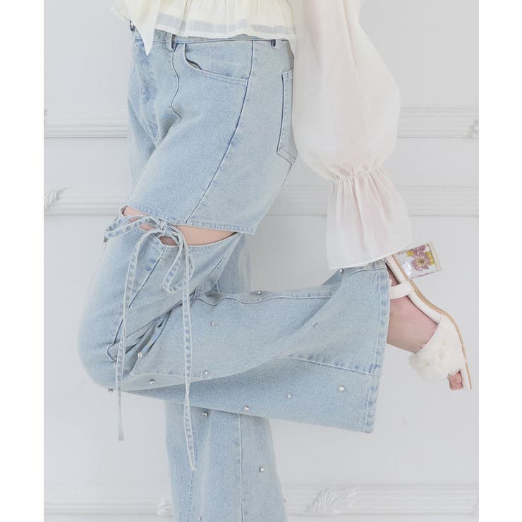 サックス | スリットビジューフレアデニムパンツ | MAJESTIC LEGON 