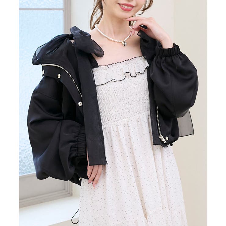 ブラック | サテンショートフードブルゾン | MAJESTIC LEGON 