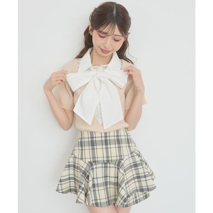 ピンクベージュ | シャツドッキングリボンタイニット | MAJESTIC LEGON 