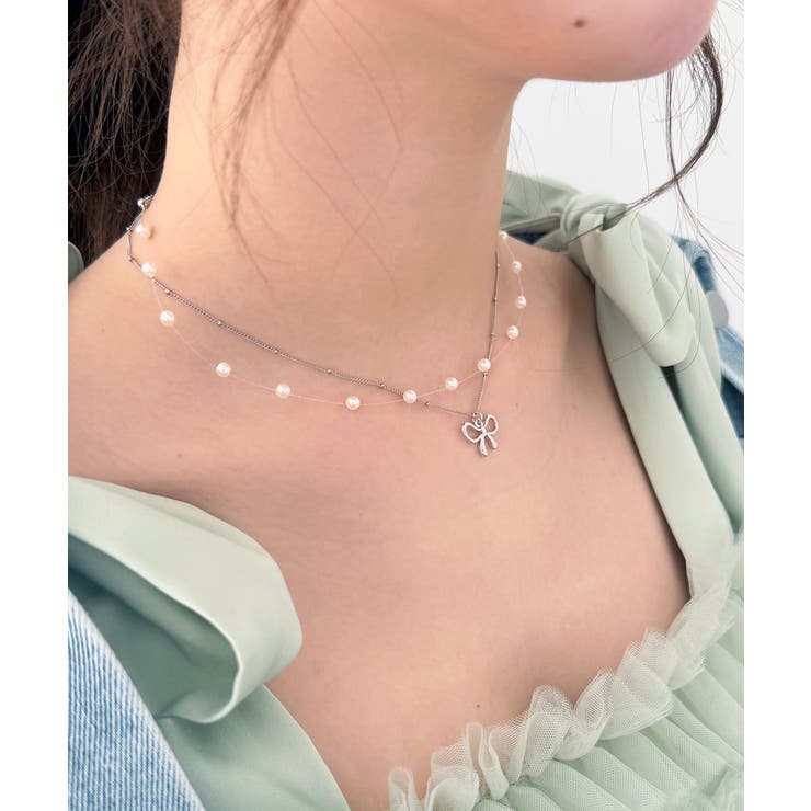 シルバー | パール×リボンモチーフ2連ネックレス | MAJESTIC LEGON 