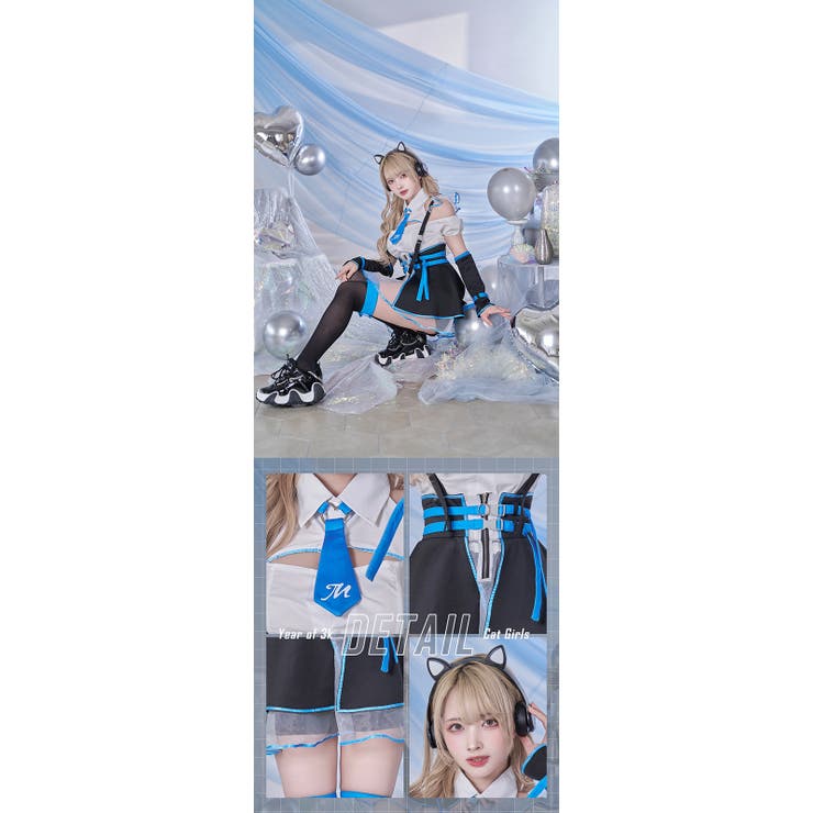 Malymoon Y3Kデジタルシアーキャット 猫耳付きコスプレ衣装 サイバー Y3Kデジタルシアーキャットコスチューム《オリジナルコスプレ7点セット