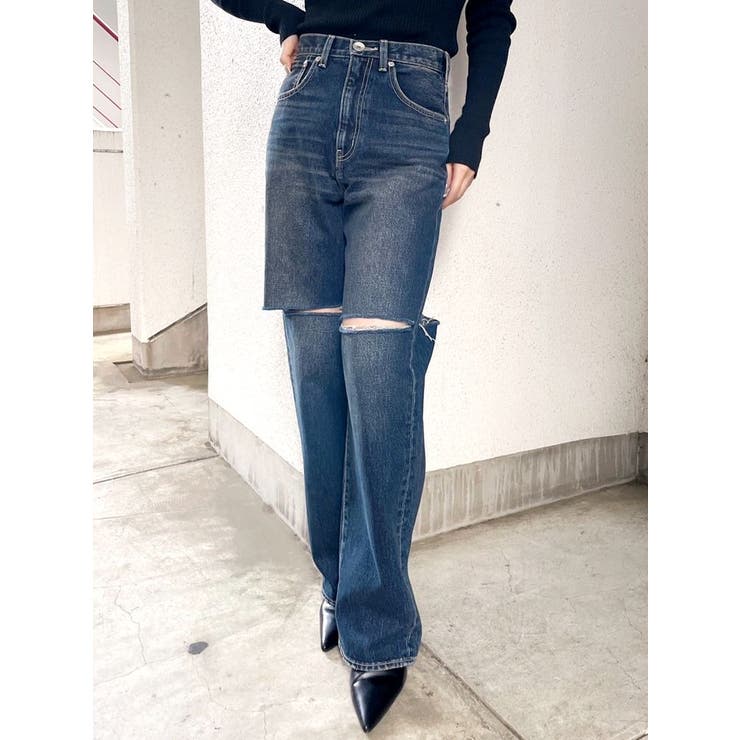 新品 CURRENTAGE ハイウエスト ワイドデニムパンツ 1 ハイウエストfront and backダメージワイドデニムパンツ[品番