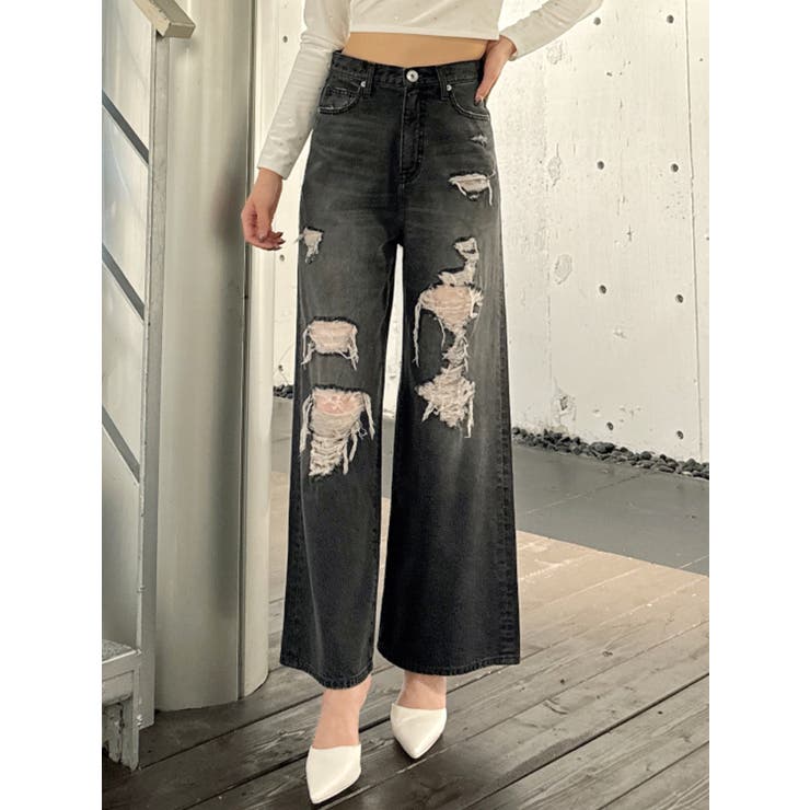 Saint Laurent ワイドフレアデニム ハイウエスト ダメージ加工 ハイウエストダメージレースPatchストレートワイドデニムパンツ