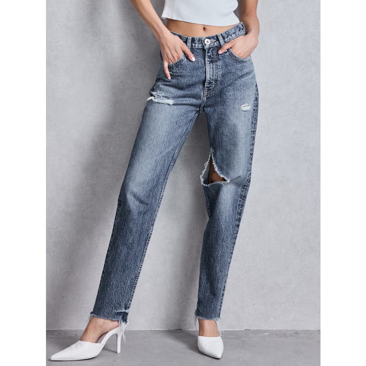 GYDAダメージ加工ハイウエストストレートジーンズ ハイウエストGYDA SLEEK KNEEダメージデザインデニムパンツ[品番