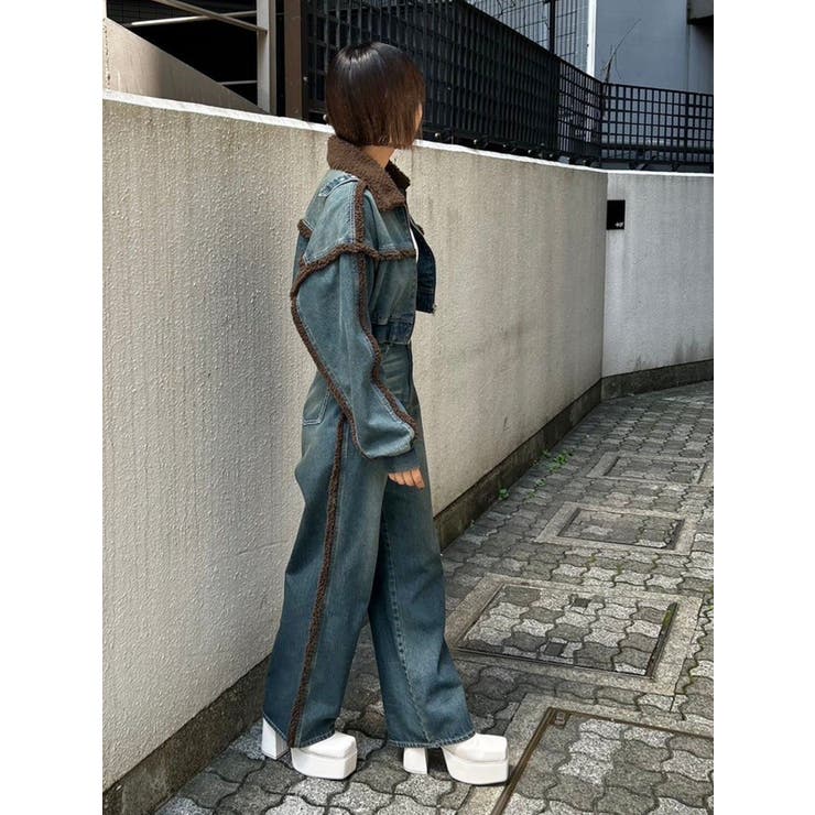 デニムボアブルゾン×ボアステッチワイドデニムパンツ[品番