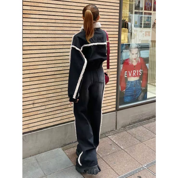 デニムボアブルゾン×ボアステッチワイドデニムパンツ[品番