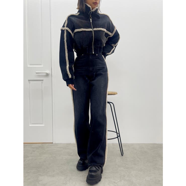 デニムボアブルゾン×ボアステッチワイドデニムパンツ[品番