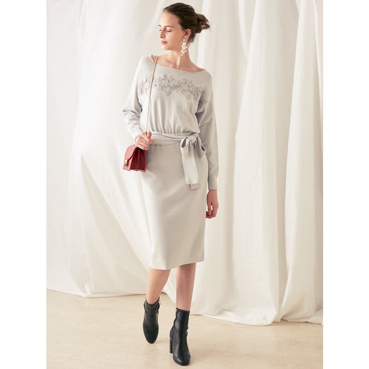 レース切替ウエストリボンニットワンピース[品番：MKSW0011492