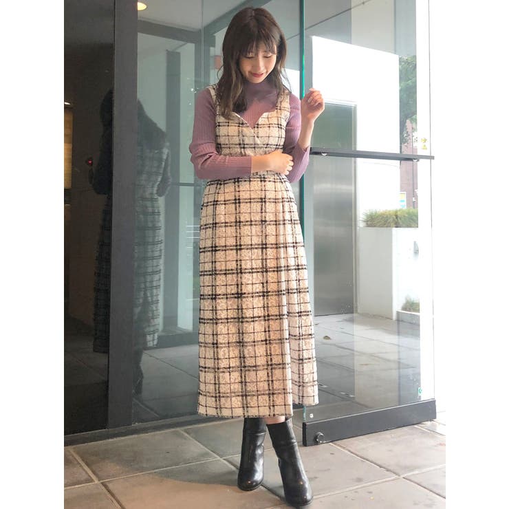 レース×フロッキーチェック柄ワンピース[品番：MKSW0011269  
