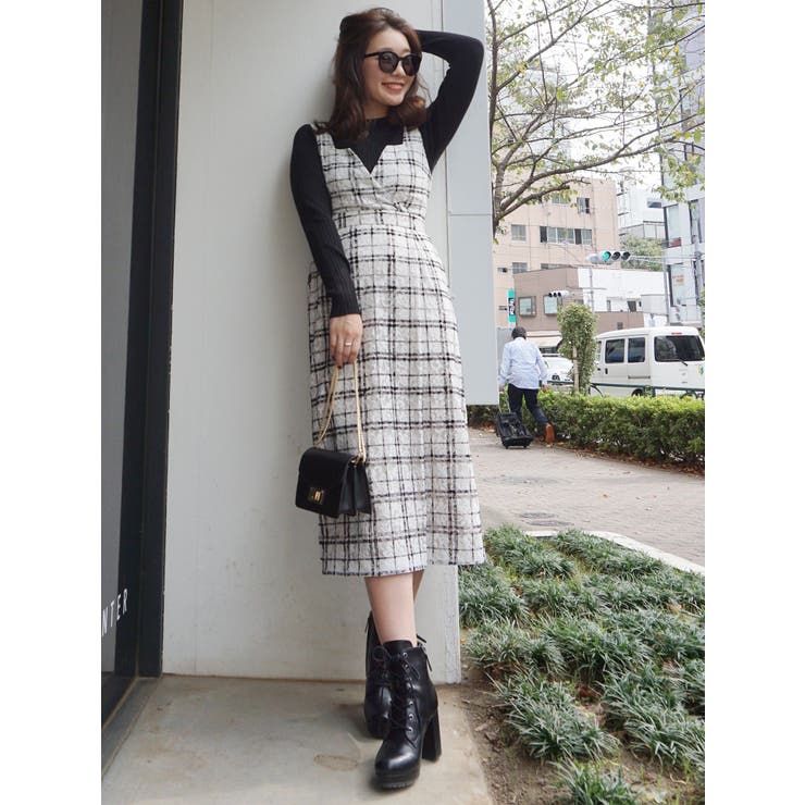 レース×フロッキーチェック柄ワンピース[品番：MKSW0011269  