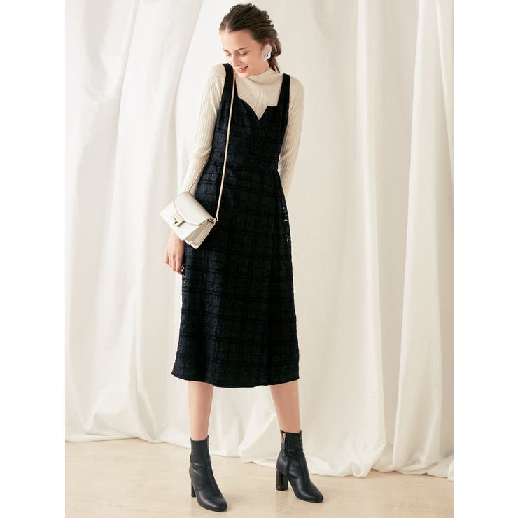 チェック柄ワンピースと黒レースワンピースセット レース×フロッキーチェック柄ワンピース[品番：MKSW0011269