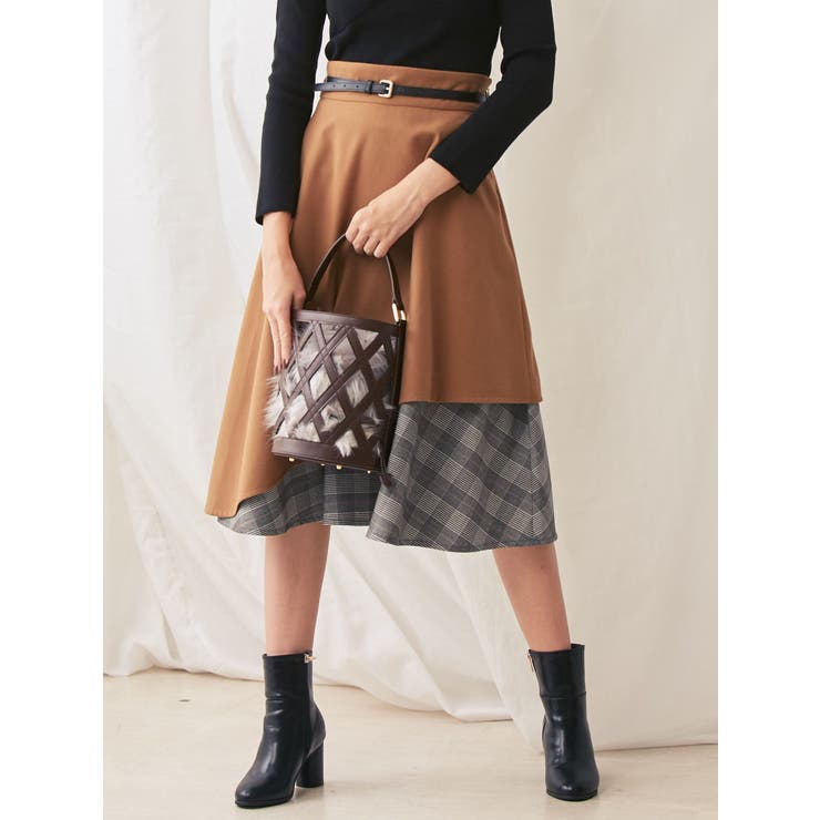 新品♡タグ付♡ダイアグラム♡イレギュラ－チュ－ルスカート♡ブラウン 堀田茜×MERCURYDUO】イレヘム切替チェック柄ベルト付スカート[品番