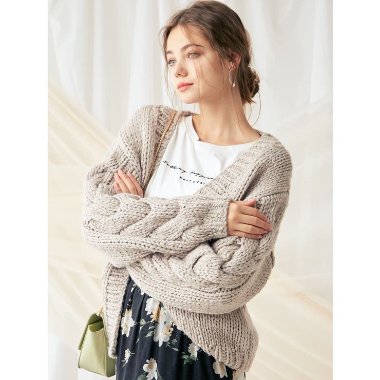 美品△HUG O WaR//リーフ編みハンドニットガウン△ダークオリーブ