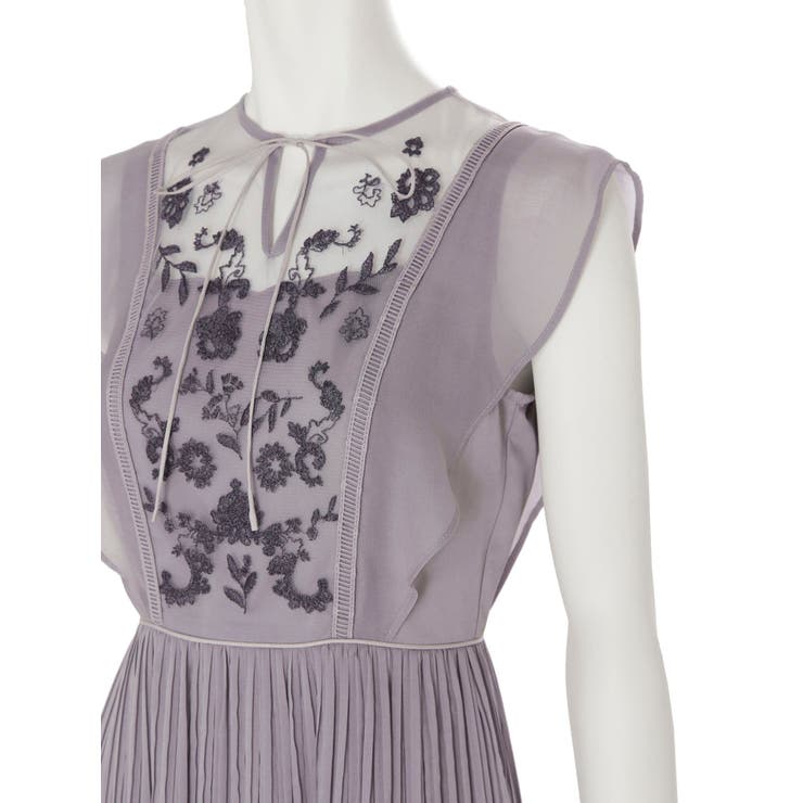 チュール刺繍×プリーツロングドレス[品番：MKSW0032883