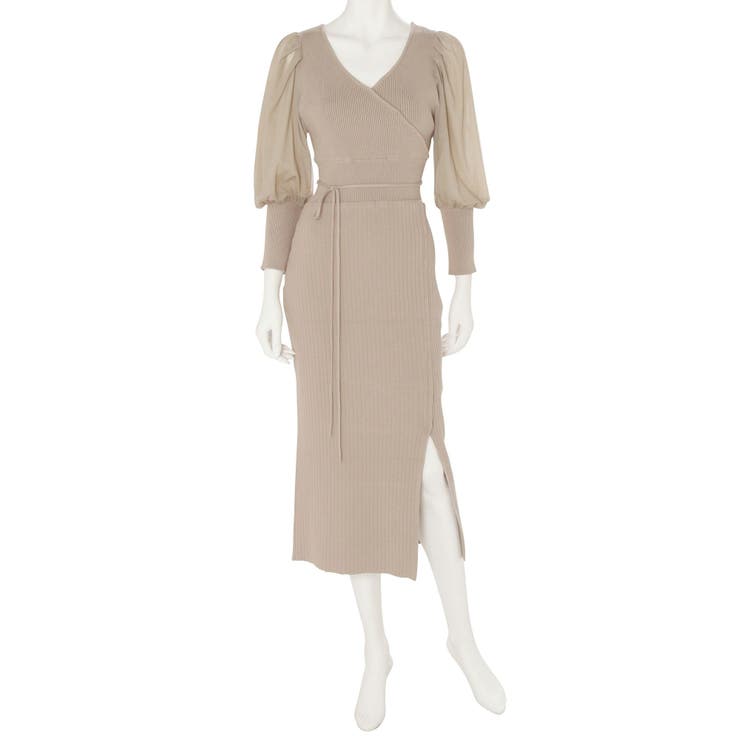 異素材スリーブカシュクールニットワンピース[品番：MKSW0033983  