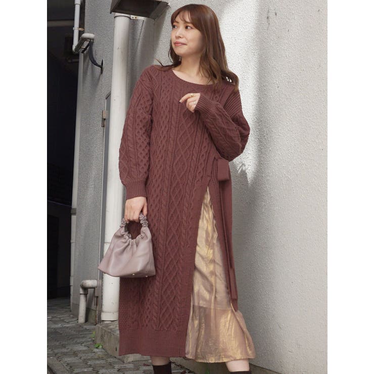 異素材ケーブルロングニットワンピース[品番：MKSW0034467