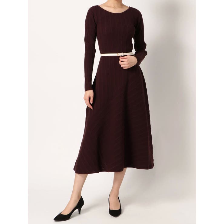 ベルト付ロングスリーブパッチワークニットワンピース[品番