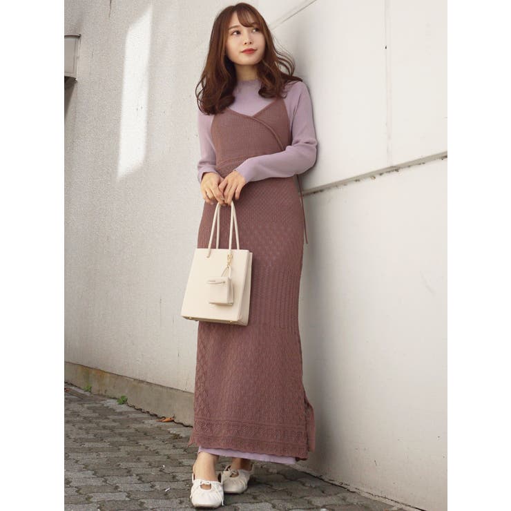 透かし編みニットキャミワンピースセット[品番：MKSW0034668