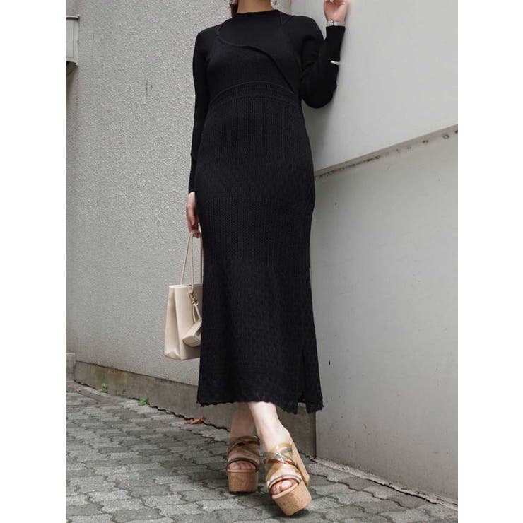 透かし編みニットキャミワンピースセット[品番：MKSW0034668