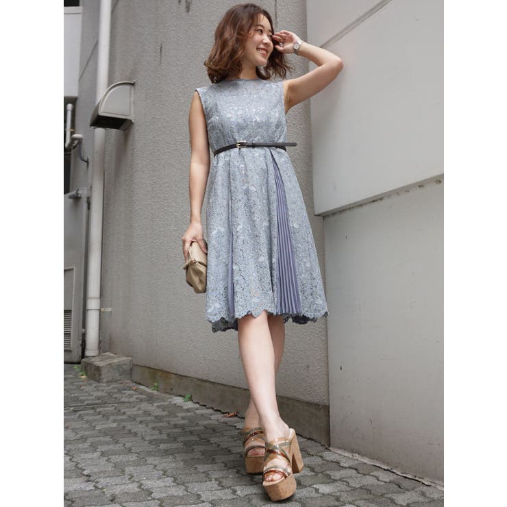 ベルト付レースプリーツ切替Aラインドレス[品番：MKSW0034577