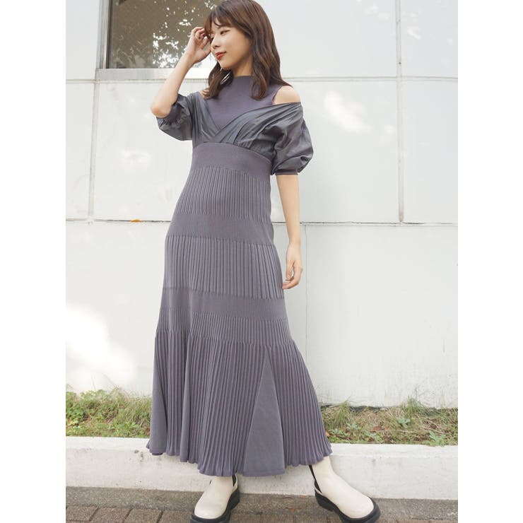 異素材ドッキングフレアニットワンピース[品番：MKSW0038491