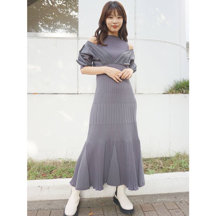 異素材ドッキングフレアニットワンピース[品番：MKSW0038491