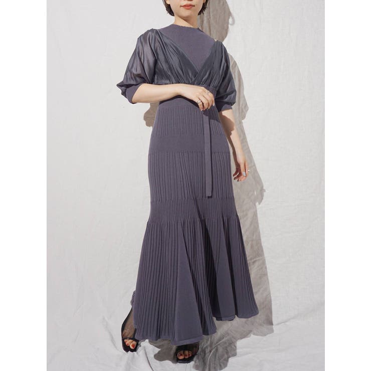 異素材ドッキングフレアニットワンピース[品番：MKSW0038491