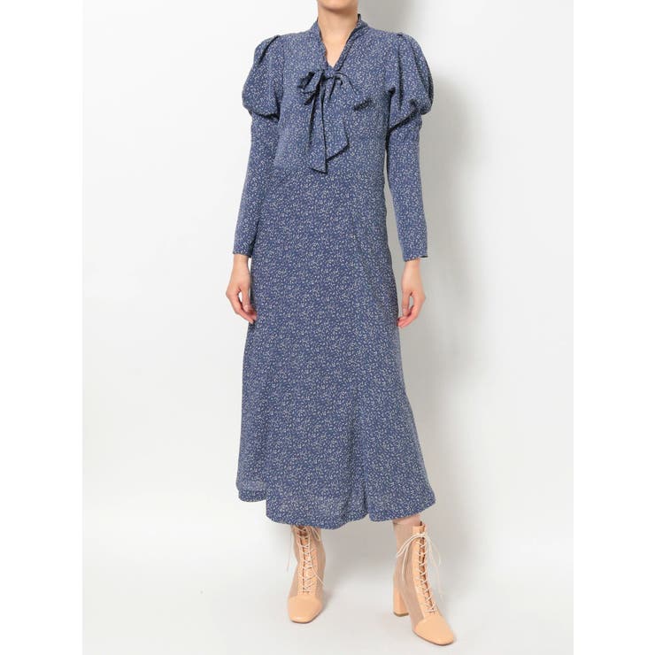 ペイントドットパフスリーブボウタイワンピース[品番  