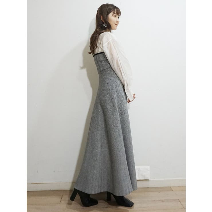 美品 45R ロングワンピース 綿ウール カシミヤ混 ヘリンボーン グレー シャツドッキングヘリンボーン柄ニットワンピース[品番：MKSW0045724
