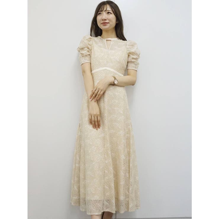 オープンショルダーレースパイピングドレス[品番：MKSW0047869