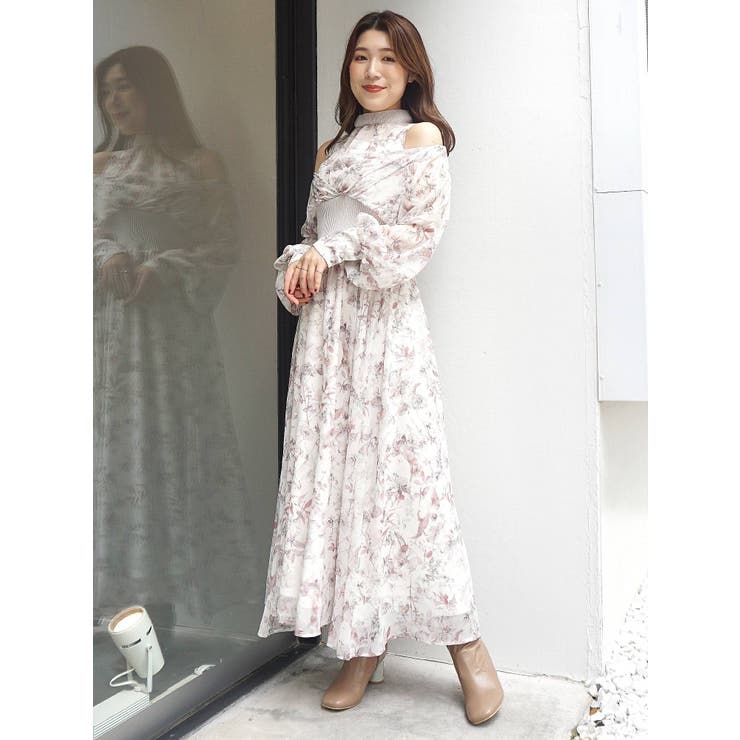 水彩フラワーウエストリブカシュクールワンピース[品番：MKSW0048503