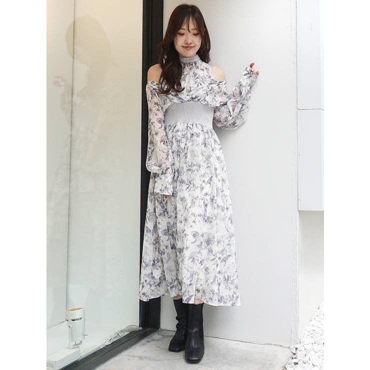 水彩フラワーウエストリブカシュクールワンピース[品番