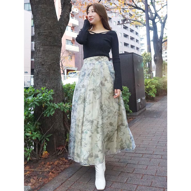 美品☆マーキュリーデュオフラワーオーガンジースカート MERCURYDUO（マーキュリーデュオ）の「オーガンジーフラワー刺繍