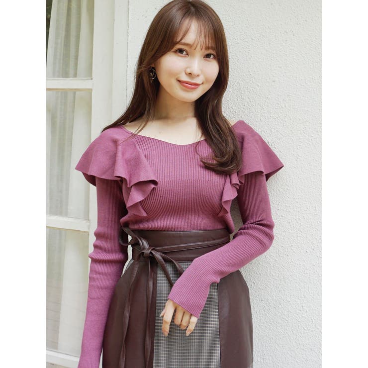 MercuryDuo 異素材ラッフルコンパクトニット ピンク 2WAY総針ラッフル