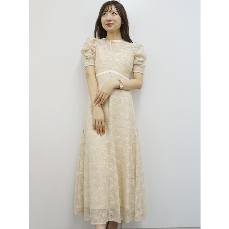オープンショルダーレースパイピングドレス[品番：MKSW0051235