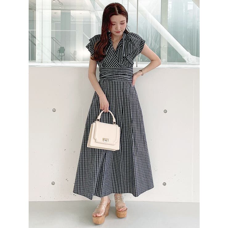 チェック柄ボリュームラッフルワンピース[品番：MKSW0050703  