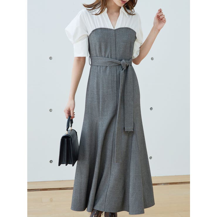 新品未使用 シャツドッキングプリーツミニワンピース GRY レイヤード