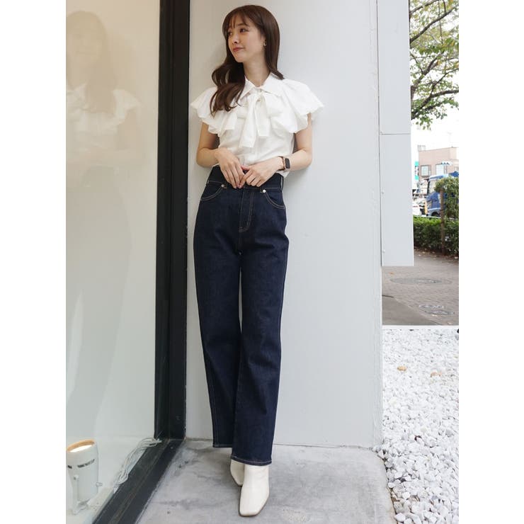 MERCURYDUO パールデニムパンツ ブルー ハイウエスト ストレート