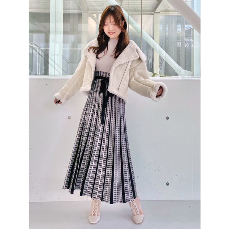 千鳥柄配色ジャカードフレアニットワンピース[品番：MKSW0053710