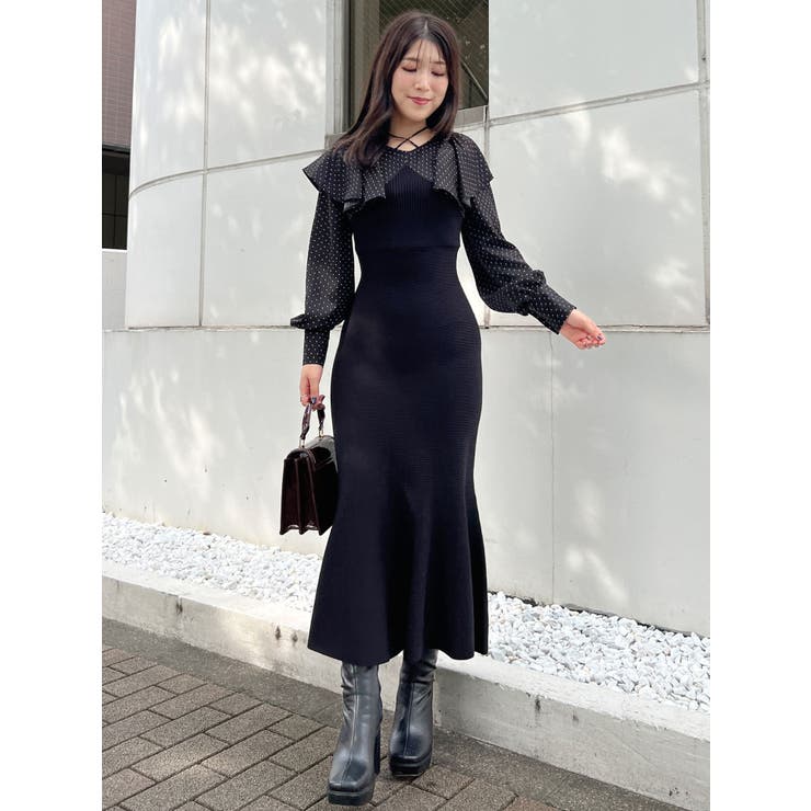 異素材ラッフルスリーブマーメイドニットワンピース[品番：MKSW0053713