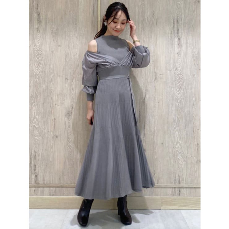 異素材ドッキングフレアニットワンピース[品番：MKSW0052494