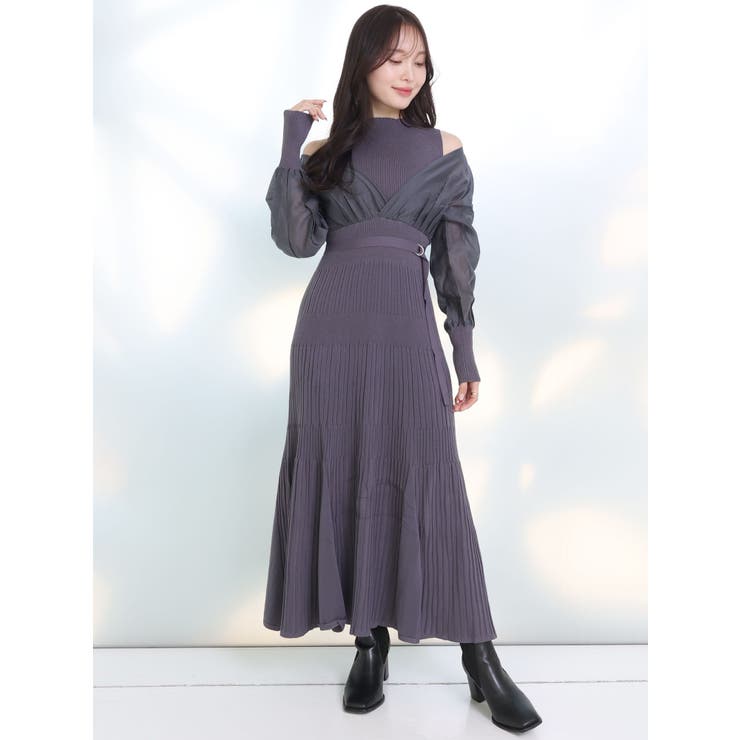 LANVIN SPORT 異素材ドッキングニットノースリーブワンピース グレー MERCURYDUO 異素材ドッキングバックレースアップニット