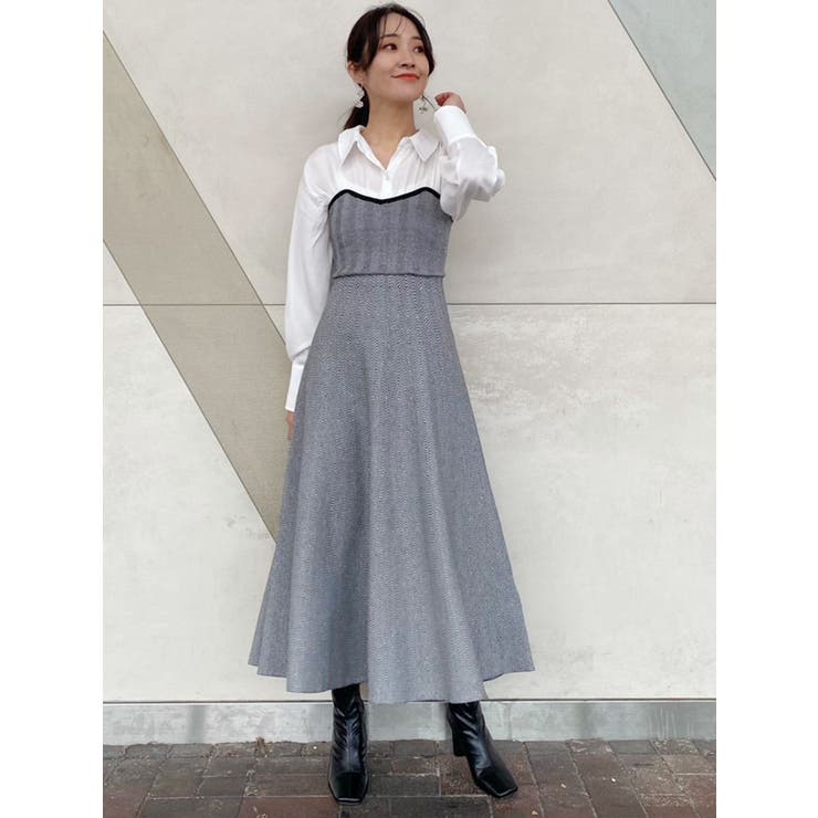 シャツドッキングニットフレアワンピース[品番：MKSW0052401