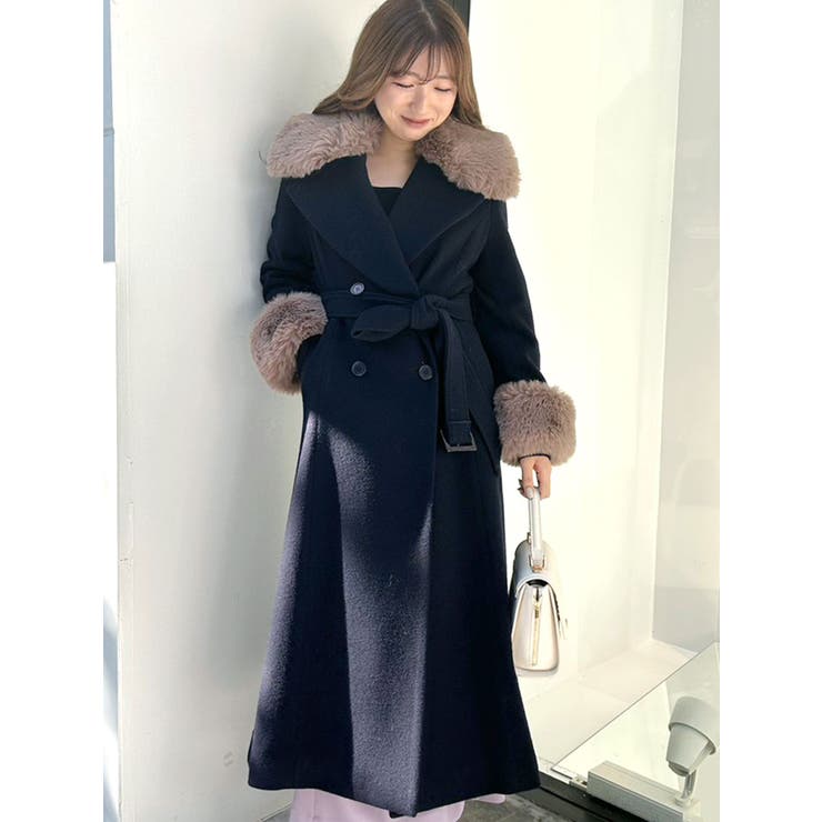 ネイビー | エコファー袖ウエストマークウールコート | MERCURYDUO