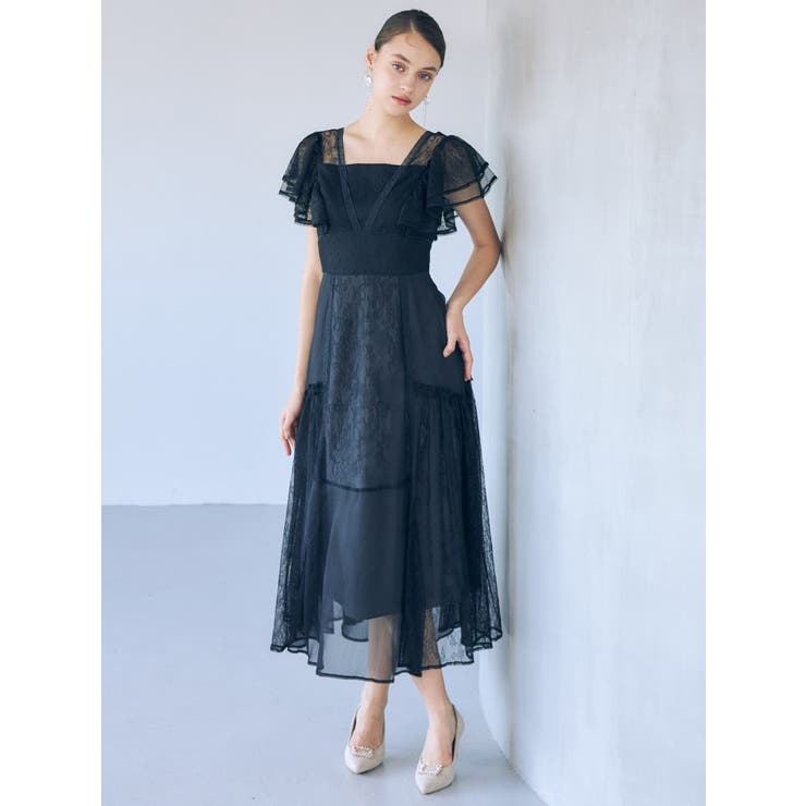 MERCURYDUO レースプリーツスイッチングドレス パンプスセット可