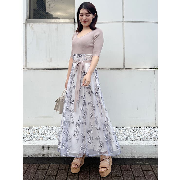 チュール刺繍カシュクールニットドッキングワンピース[品番